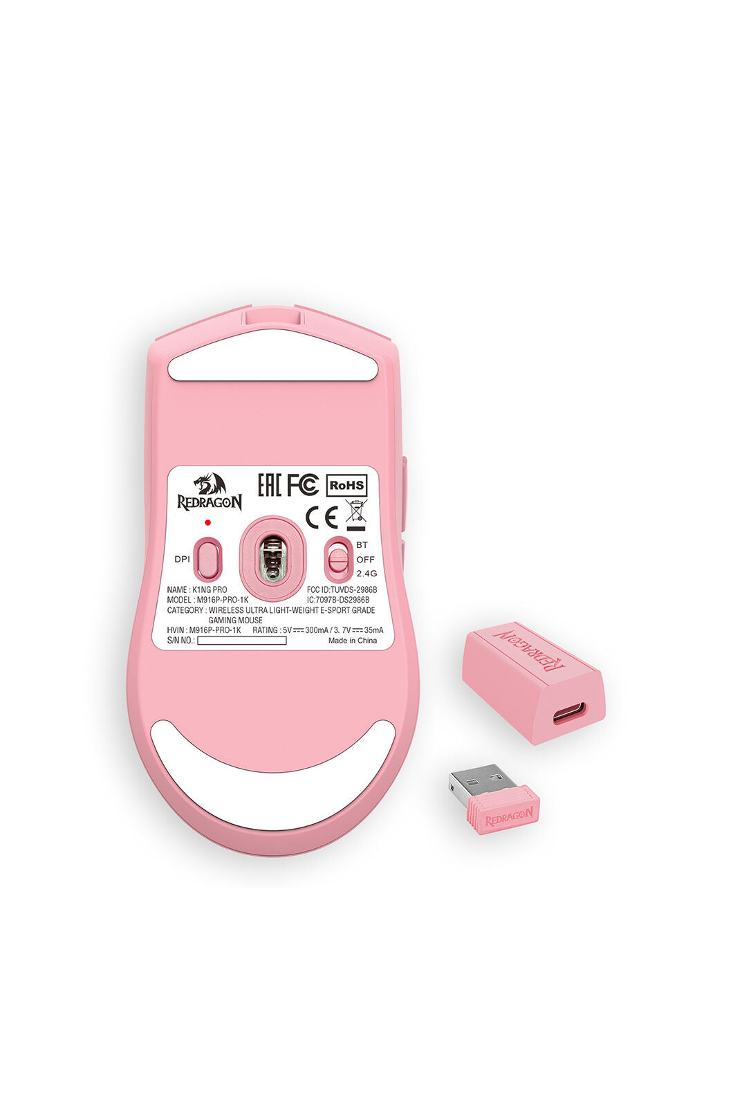 REDRAGON - Redragon K1NG M916 PRO Pink 49g Ultra-Lightweight 3-Mode PAW3395 Gaming Mouse - pink